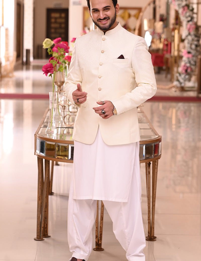Men Jamawar Prince Coat Cream