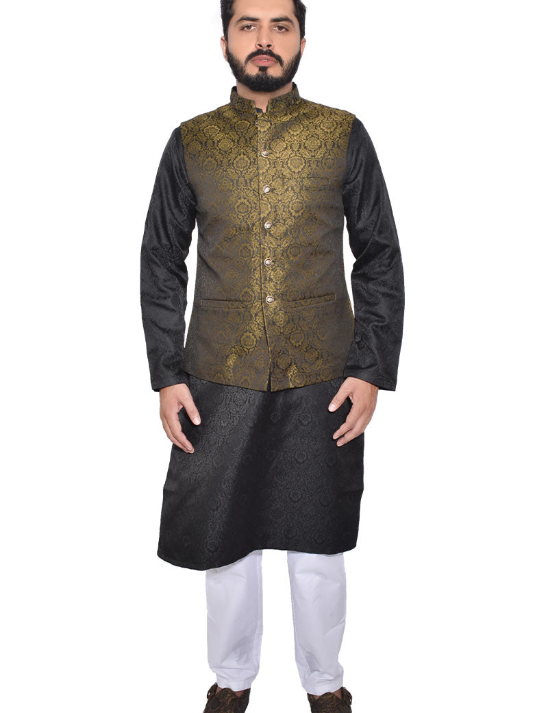 Men Premium Jamawar Waistcoat Golden