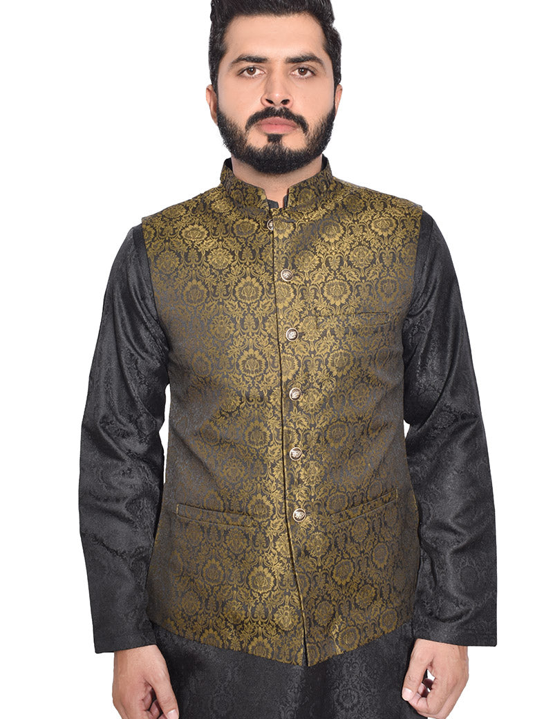 Men Premium Jamawar Waistcoat Golden