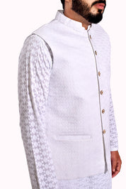 Men Schiffli Fabric Waistcoat White