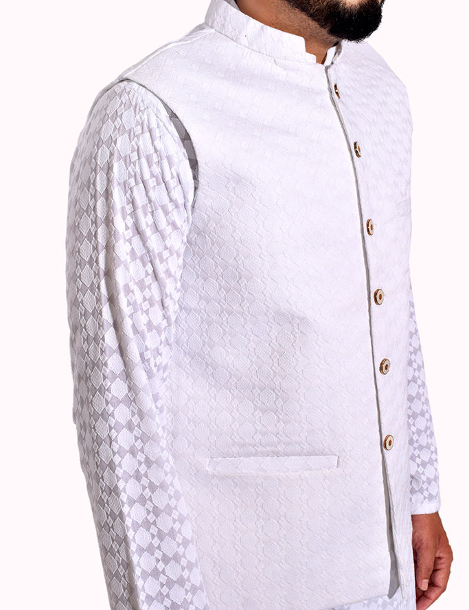Men Schiffli Fabric Waistcoat White