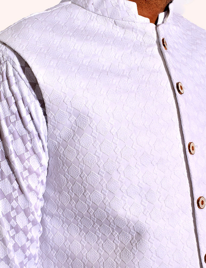Men Schiffli Fabric Waistcoat White