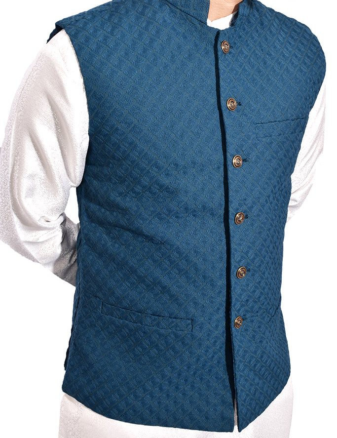 Men Self Design Waistcoat Turquoise