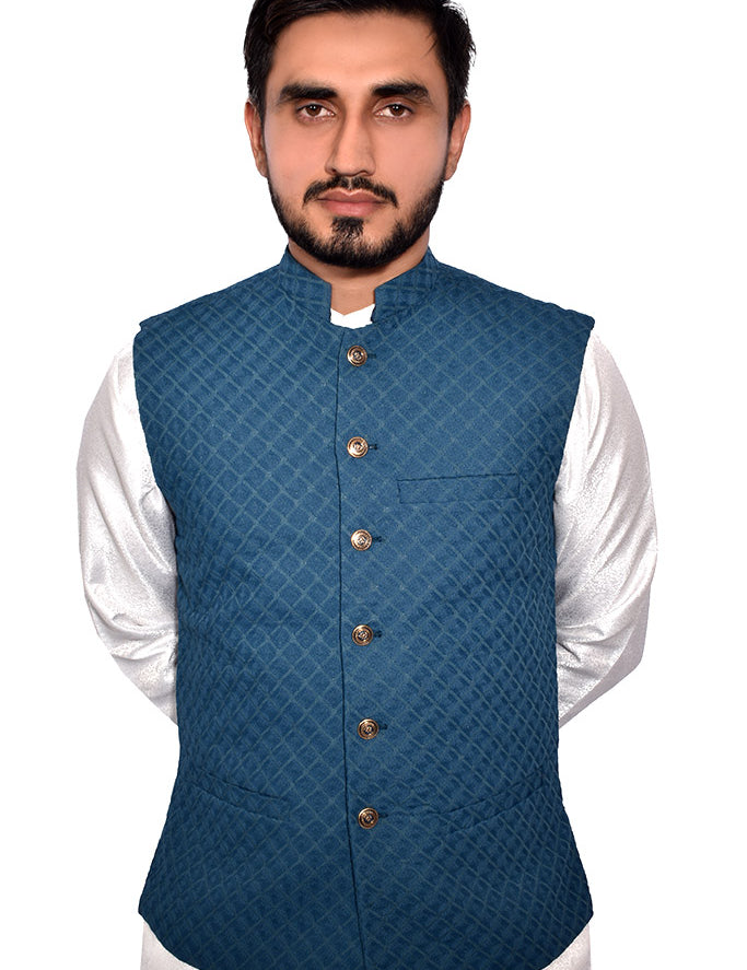 Men Self Design Waistcoat Turquoise