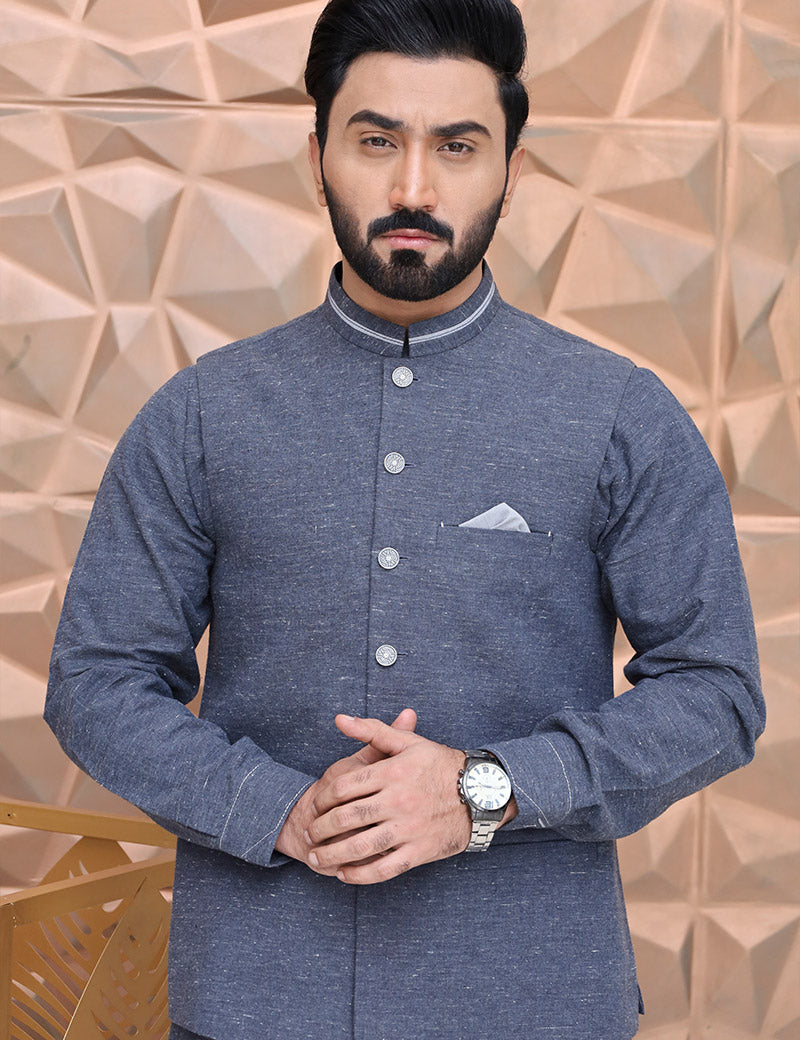 Men Textured Khaddar Waistcoat Blue