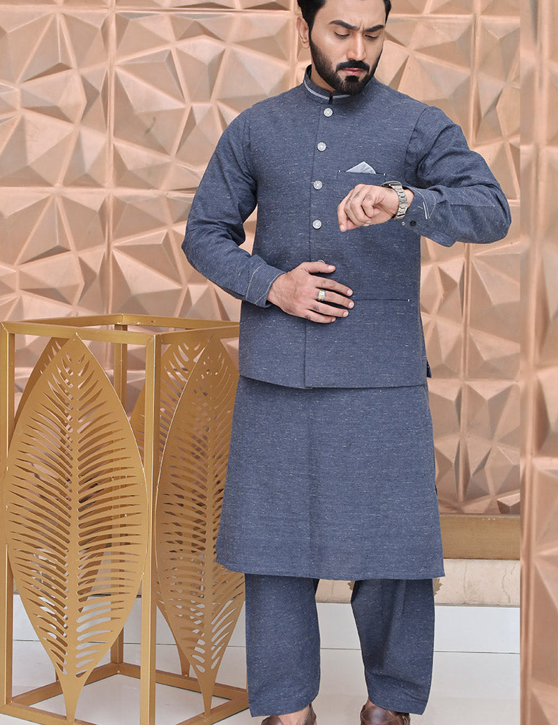 Men Textured Khaddar Waistcoat Blue