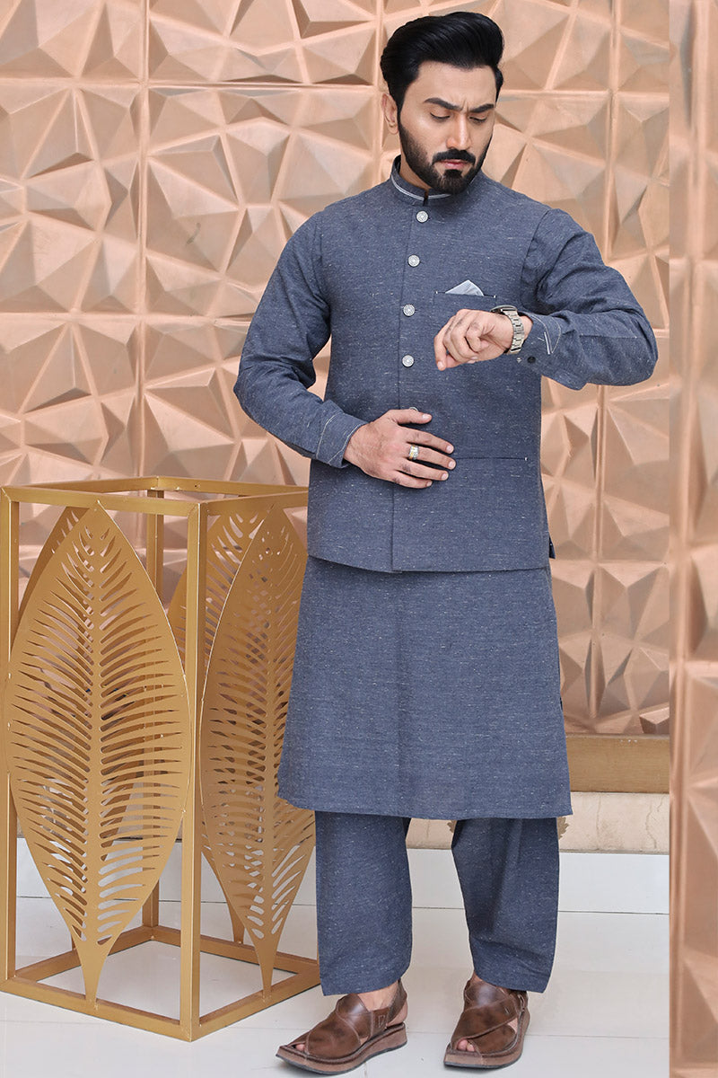 Men Textured Khaddar Waistcoat Blue