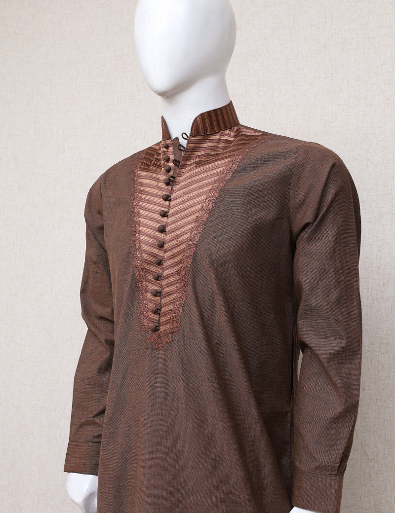 Men Premium Embroidered Shalwar Kameez Brown