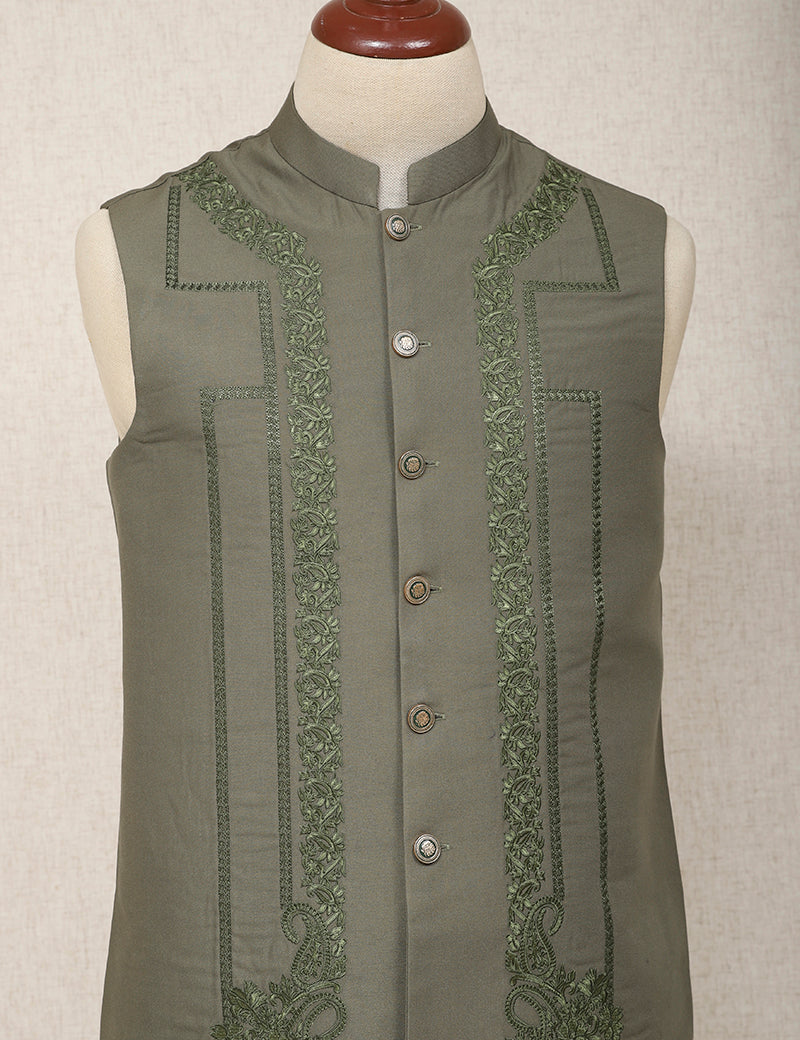 Men Premium Embroidered Waistcoat Green