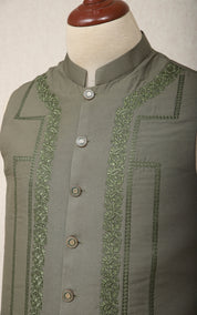 Men Premium Embroidered Waistcoat Green