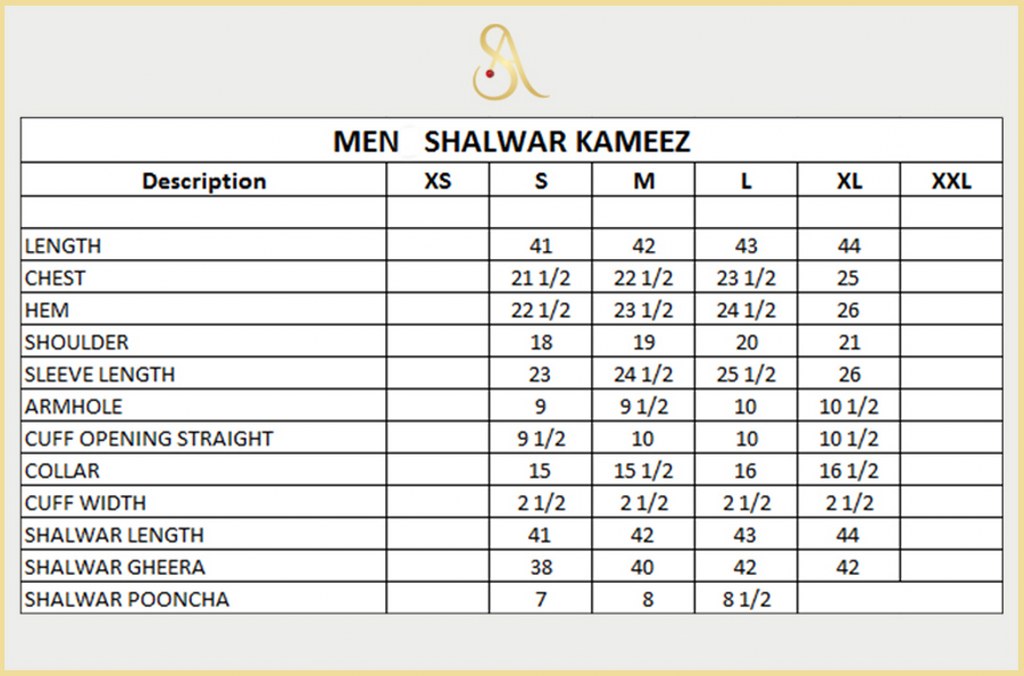 Kurta size chart for men